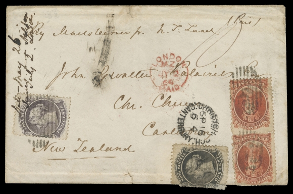 NOVA SCOTIA CENTS POSTAL HISTORY  1864 (June 26) A magnificent three-colour franking to Christchurch, New Zealand, endorsed "By mailsteamer pr. N.Z. Land", the 23-cent rate consisting of 10c vermilion pair, a 1c black (faults and re-positioned) and a 2c lilac, all tied by oval mute grids, docketing at left, Halifax JU 26 partial dispatch datestamp on reverse, neat London Paid JY 2 64 split ring transit in red, British claim "10" manuscript in red and neat Christchurch SP 16 64 receiver on front, sent via U.K., Ceylon and Sydney (Cunard Line and Peninsular & Oriental Steam Navigation Co.). Couple small tears and light central fold to cover. One of the major destination rarities of Nova Scotia