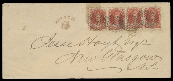 NOVA SCOTIA CENTS POSTAL HISTORY  1865 (October 13) Legal cover from Halifax to New Glasgow, in excellent condition considering its size and the weight carried, intact red wax seal on reverse, displaying a remarkable multiple franking paying a six-times 5 cent domestic letter rate and 10c registration with strip of three and single 10c vermilion, the latter partly affected by a stain, all tied by oval grid "H" cancellations, neat "Crown" Registered handstamp in red at left and Halifax split ring dispatch on reverse. An impressive rate and franking combination, F-VF (Unitrade 12)Expertization: clear 1984 Greene Foundation certificateProvenance: J.R. Saint Collection of Nova Scotia, Maresch Sale 277, June 1993; Lot 234