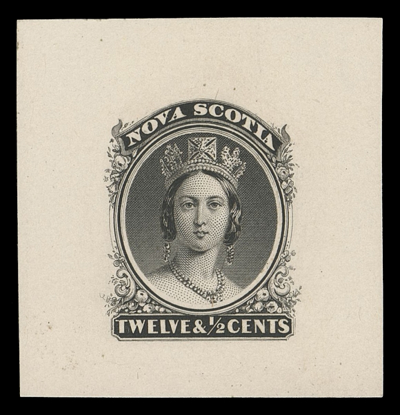 NOVA SCOTIA CENTS PROOFS AND STAMPS  13,Engraved Die Proof in black, issued colour, on card mounted india paper 40 x 41mm, in pristine condition and quite scarce, XF (Minuse & Pratt 13P2)