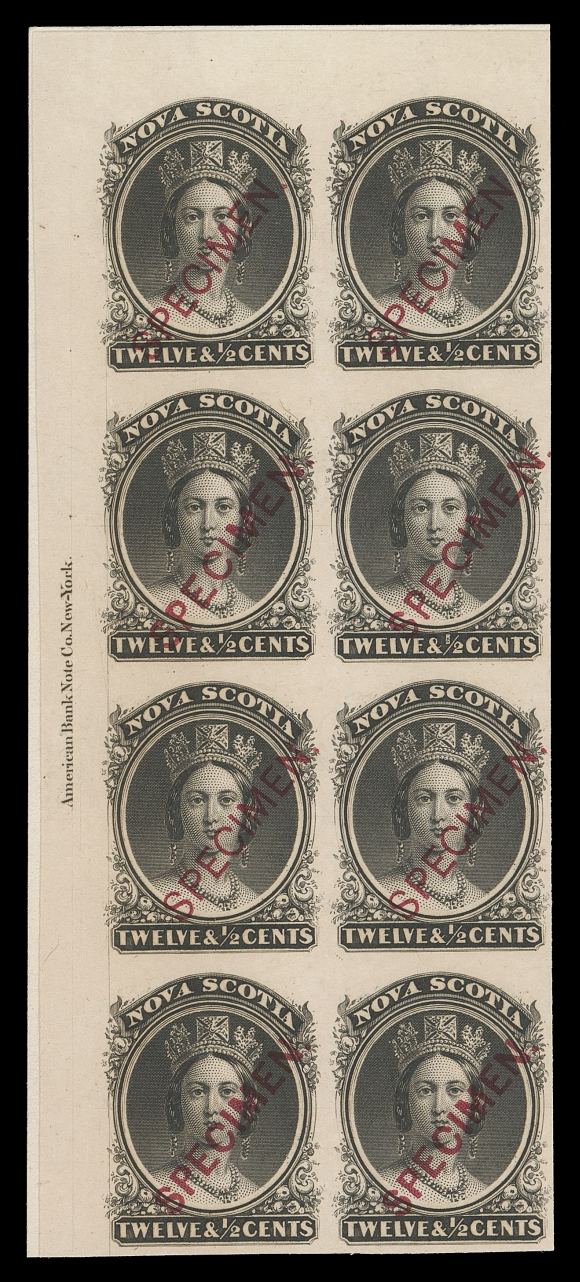 NOVA SCOTIA CENTS PROOFS AND STAMPS  13Pi, ii, iii,Upper left plate proof imprint block of eight on card mounted india paper, showing all three types of diagonal SPECIMEN overprint in red - Type B (Pos 1-2, 21-22), Type C (Pos 31-32) and scarce Type D (Pos 11-12), choice, VF (Unitrade cat. $1,200)
