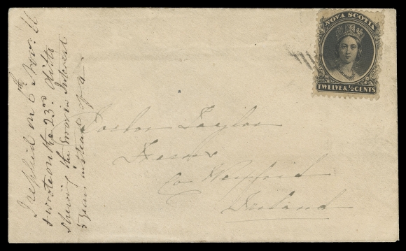 NOVA SCOTIA CENTS POSTAL HISTORY 1866 (October 25) Cover from Halifax to Ireland with single-franking 12½c black on yellowish paper tied by grid, docketing on arrival at left, partial Halifax split ring dispatch and Ferns NO 5 CDS receiver backstamps. A very scarce 12½c letter rate to Ireland, F-VF (Unitrade 13) ex. John Siverts (May 1989; Lot 228)