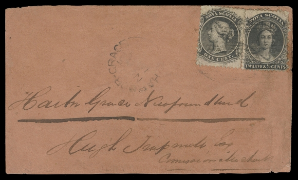 NOVA SCOTIA CENTS POSTAL HISTORY  1864 (November 8) Reddish coloured envelope, lower flap missing, from Wallace to Harbor Grace via Halifax and St. John