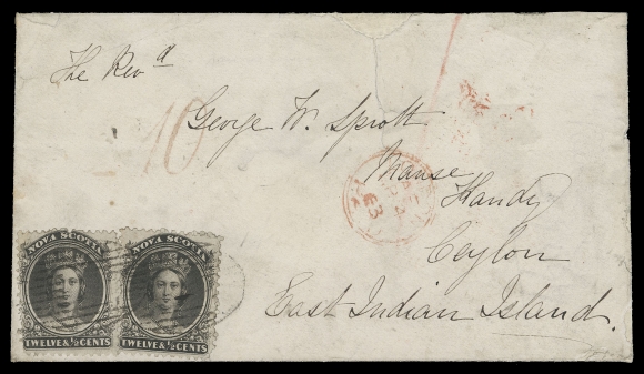 NOVA SCOTIA CENTS POSTAL HISTORY  1863 (February 17) Cover from the Reverend Sprott correspondence, franked at lower left two single 12½c black on white paper, nicely tied by oval mute grids, overpaid by 2c for convenience the 23c letter rate to Ceylon, East India; part backflap missing and replaced with similar paper stock for presentation, sealed tear near top centre, nevertheless with excellent visual appeal. Backstamped with clear Middle Musquodoboit double arc dispatch, oval "H" (Halifax) same-day transit and red Kandy Paid AP 2 receiver; London Paid MR 4 double ring CDS transit and red British "10" claim handstamp. A well-travelled and rarely seen destination cover bearing Nova Scotia colonial stamps, Fine (Unitrade 13a)