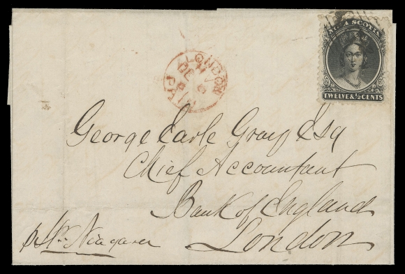 NOVA SCOTIA CENTS POSTAL HISTORY  1861 (November) Folded cover posted at the mailbox of Cunard Line ship "Niagara" sailing from Halifax to Queenstown (Ireland), bearing a 12½c black, faulty but tied by rare grid 