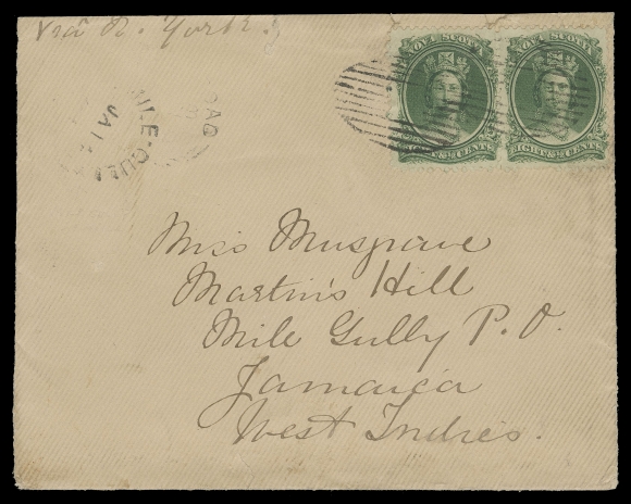 NOVA SCOTIA CENTS POSTAL HISTORY  1861 (December) Oriental buff colour cover from Halifax to Jamaica endorsed "via N. York", top and left backflaps replaced, tiny edge tears at top away from a very rare franking of a pair of 8½c green on white paper nicely tied by oval mute grids, paying an exceedingly rare double weight letter rate to the British West Indies. This Packet rate from Halifax was in effect for just 19 months until April 30, 1862. Two different partial Jamaican split ring datestamps at top left including Mile Gully JA 14 61 receiver. Easily one of the rarest Nova Scotia Cents issue covers when combining franking, rate and destination, F-VF (Unitrade 11a)Provenance: Dr. Robert V.C. Carr Award Winning Collection of Nova Scotia, Siegel, October 1988; Lot 765 - where it realized an impressive US$4,750 hammer."Dubois" (Hugh Wood) Collection of Jamaica - Part II, Spink, July 2021; Lot 678