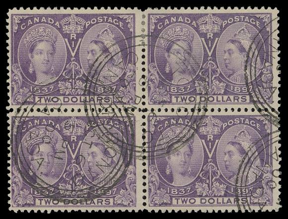 CANADA -  6 1897-1902 VICTORIAN ISSUES  62,A remarkable used block of four with true rich colour, clear three-ring Toronto OCT 6 00 postmarks, unusual as such; rare and certainly among the most desirable postally used multiples of the Jubilee high values, F-VF; ex. Dale-Lichtenstein (Sale 7 - BNA Part Three, January 1970; Lot 1492