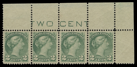 CANADA -  5 SMALL QUEEN  36i,An attractive, well centered mint horizontal strip of four, ideally showing TWO CENT counter without shading, from the plate of 200 subjects, VF NH (Unitrade cat. as four singles)