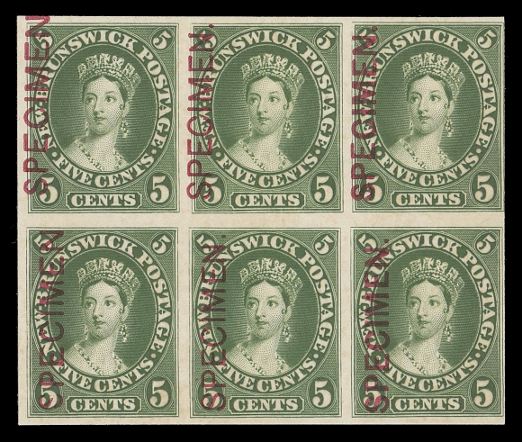 NEW BRUNSWICK  8Pii, iii, iv,Plate proof block of six in issued colour on card mounted india paper, showing three different vertical SPECIMEN overprints in red - Type D, B, C se-tenant on both rows, scarce, VF