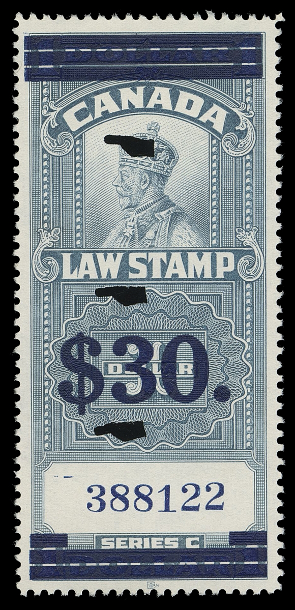 CANADA REVENUES (FEDERAL)  FSC19,An unusually choice, very well centered used example with royal blue surcharge, horizontal bars at top and at foot, serial number "388122", neat punch cancels, bright fresh and VF+; only 1,040 examples received this surcharged.