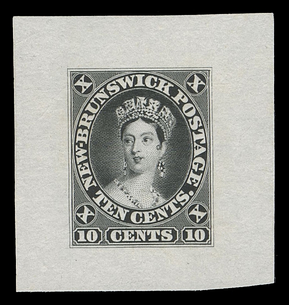 NEW BRUNSWICK  9,"Goodall" Die Proof, engraved, printed in slate black on india paper 33 x 34mm, originating from the Compound Die (with the 5c Connell at left), in flawless condition and devoid of the flaws often associated with this particularly fragile paper, XF (Minuse & Pratt 9TC1b)