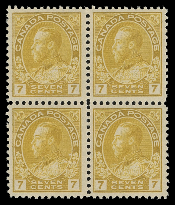 CANADA -  8 KING GEORGE V  113, 113iii,A well centered and fresh mint block showing Retouched Vertical Frameline on three stamps, quite remarkable as such, full original gum, VF NH

Location of the vertical frameline in corner spandrel:
UL stamp - at UR and LR; UR stamp - at LL only (very scarce); LL stamp - at UR and LR; LR stamp - none.