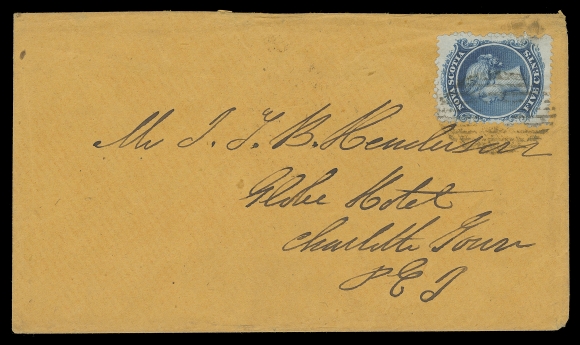 NOVA SCOTIA CENTS POSTAL HISTORY  1861 (March 9) 5c blue cover Halifax to Charlottetown; 1866 (November 10) 5c dark blue on a beautiful small cover to Henry Morgan, Ottawa, Canada; and 1863 (August) 5c dark blue pair, minor perf toning, paying double interprovincial letter rate to New Brunswick. A lovely and scarce trio, VF (Unitrade 10)