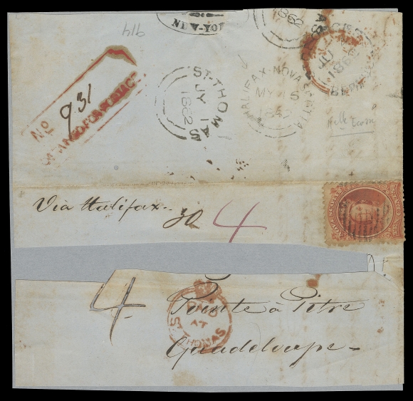 NOVA SCOTIA CENTS POSTAL HISTORY  1862 (May 16) Folded cover opened and mounted for display, addressee name excised, mailed from Halifax to Pointe à Pitre, Guadeloupe, travelling via New York, St. Georges, Bermuda and St. Thomas, Danish West Indies before arrival, franked with 10c vermilion (ageing) cancelled by grid paying the newly adopted letter rate to the British West Indies (increased from 8½c to 10c after May 1st, 1862), rated "4" (sterling) sea postage, several transits including St. Georges JU 4, St. Thomas JY 1 including British "Crown" circle Paid at St. Thomas in red, partially legible boxed "DETAINED FOR POSTAGE" instructional marking in red and same-ink partial blurry British "Crown" circle Paid handstamp (likely of Guadeloupe). Despite the imperfections, an exceedingly rare destination cover, Fine (Unitrade 12)