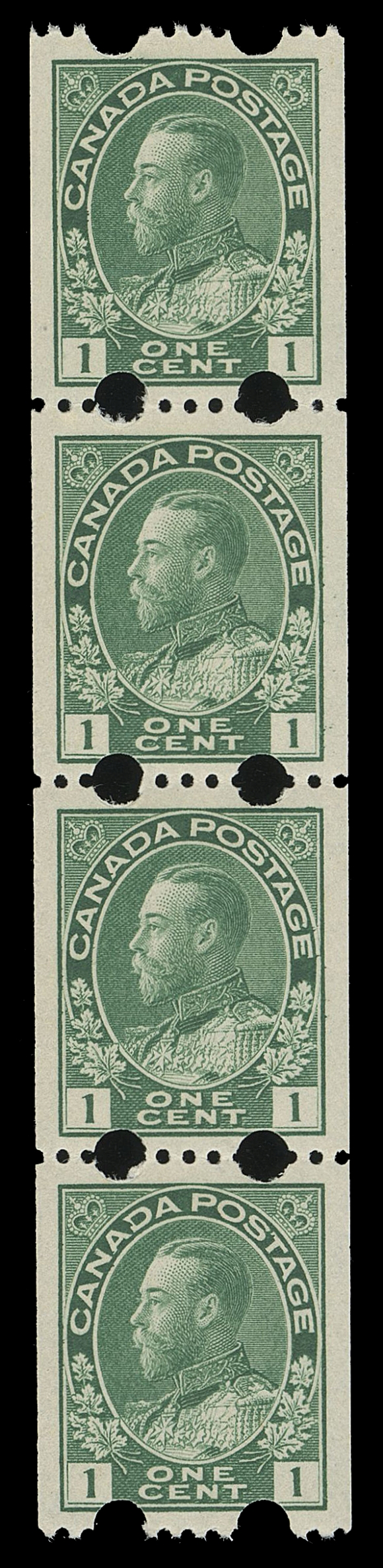 CANADA -  8 KING GEORGE V  131iv,Experimental Toronto coil; a post office fresh and very well centered mint strip of four with full immaculate original gum. As nice as the day it was printed, XF NH