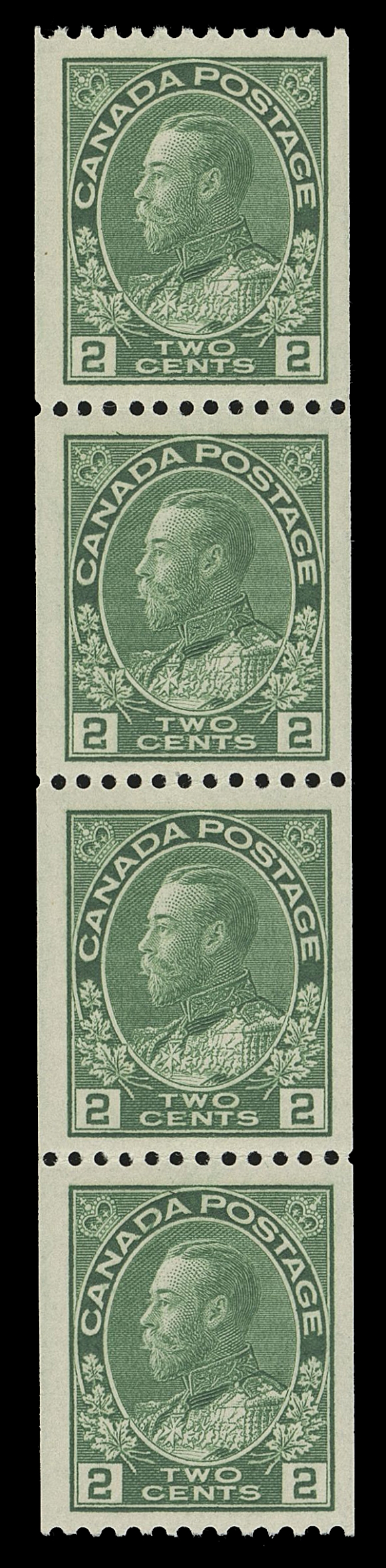 CANADA -  8 KING GEORGE V  133,An unusually select mint coil strip of four, brilliant colour and full unblemished original gum; a beautiful strip, VF NH