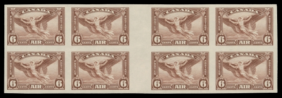 CANADA - 12 AIRMAILS  C5iii,An impressive mint imperforate gutter margin block of eight, post office fresh and completely sound with large margins all around, lightly hinged once mostly confined to the gutter margin between top centre pair; an attractive and very scarce interpanneau gutter block, VF LH / NH