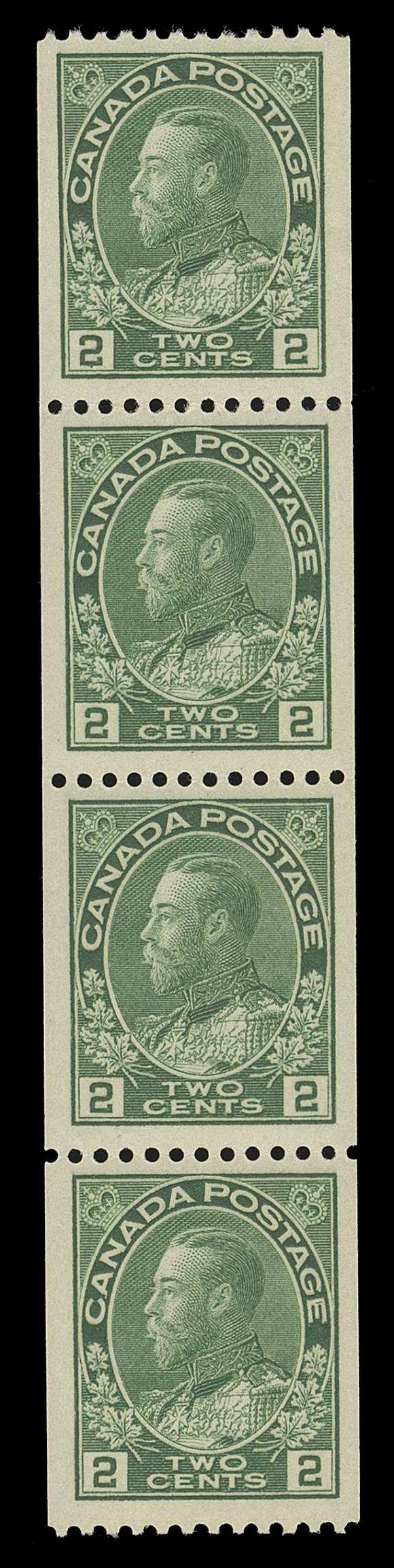 CANADA -  8 KING GEORGE V  131-134,A beautiful set of selected mint coil strips of four, all well centered and fresh; 2c carmine with corner bend, VF-XF NH