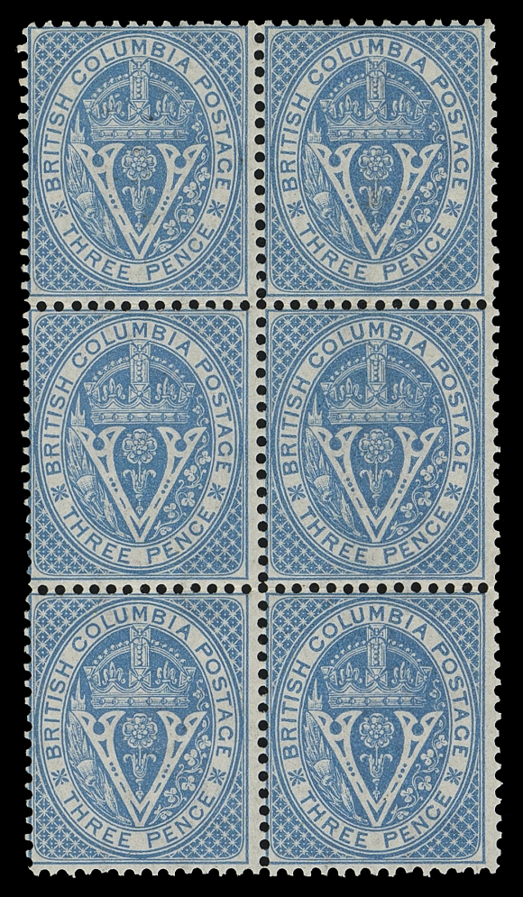 BRITISH COLUMBIA  7,A choice mint block of six in an excellent state of preservation, remarkably fresh, with unusually full, dull streaky original gum, NEVER HINGED. A rare block in such selected quality, Fine+ NH (Unitrade cat. $1,200 as hinged singles)