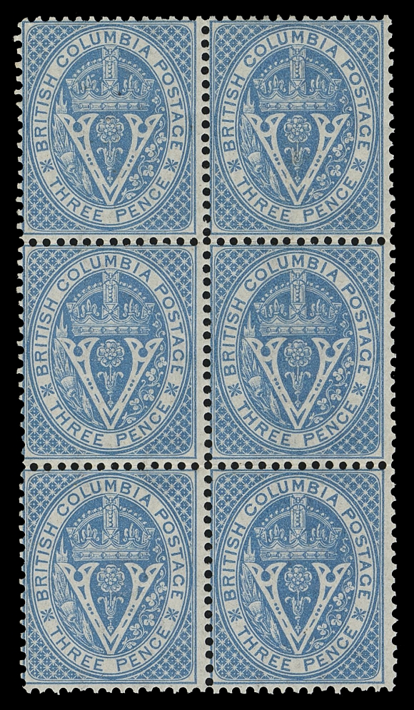 BRITISH COLUMBIA 7,A choice mint block of six in an excellent state of preservation, remarkably fresh, with unusually full, dull streaky original gum, NEVER HINGED. A rare block in such selected quality, Fine+ NH (Unitrade cat. $1,200 as hinged singles)