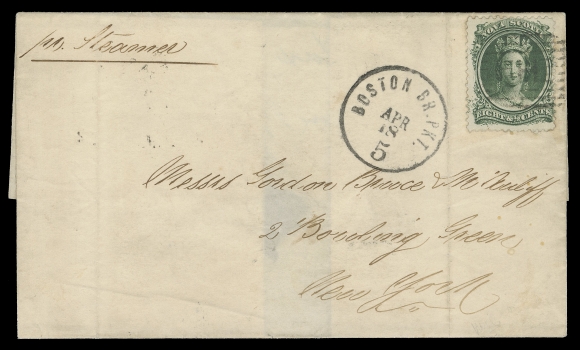 NOVA SCOTIA -  2 CENTS  1862 (April 15) Superb folded cover endorsed "per Steamer" from Halifax to New York, franked with a single 8½c green on white paper tied by oval grid "H" cancel, paying the short-lived (19 months to be exact), elusive Packet rate from Halifax to the United States in effect until end of April 1862; Boston Br. Pkt "5" APR 18 transit CDS ideally struck next to franking, denoting 5 cents U.S. postage was to be collected by the recipient at New York; on reverse a clear Halifax Nova Scotia AP 15 1862. A rare single-franking cover, and more importantly and without question, one of the very finest of the small number of existing covers paying this 8½ cent rate, VF (Unitrade 11) Expertization: 1969 RPS of London certificateProvenance: Dale-Lichtenstein, Sale 2 - BNA Part One, H.R. Harmer, November 1968; Lot 898. This world-famous BNA collection dispersed over four sales, had only three such 8½c in-period covers to the USA. This example realized US$450 (in 1968), by far the highest realization of the three.                   Hiroyuki Kanai "Specialized Nova Scotia", October 1985; Lot 1126 - realized US$2,600 hammer