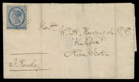 PRINCE EDWARD ISLAND  1863 (April 7) Folded cover from Charlottetown to Halifax, bearing a well centered First issue 3p blue on soft paper, perf 9, tiny perf tear at foot and light crease in no way detract from its very nice appearance, tied to cover by barred cancellation, paying the 3 pence interprovincial letter rate to Nova Scotia; portion of backflap missing well away from the Prince Edward Island APR 7 1863 circular dispatch and oval "H" (Halifax) AP 13 receiver, VF; 2008 Greene Foundation cert. (Unitrade 2)