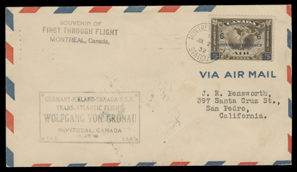 CANADA - 12 AIRMAILS  1932 (July 27) Montreal - Chicago Flight leg; franked with 6c on 5c airmail tied by Montreal JUL 27 32 dispatch CDS, five-line Trans-Atlantic flight cachet, Chicago AUG 4 arrival backstamp, forwarded to California with next-day receiver on back, VF (Unitrade C4; AAMC 3235)