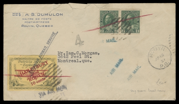 CANADA - 13 SEMI-OFFICIAL AIRMAILS  A.B. Dumulon Postmistress, Rouyn, Quebec cover, opening tears at top, franked with 2c green coil pair, faults at right and a sound (50c) Patricia Airways, Style Three with 10c overprint (Type A) in red, both tied by mute grids and crayon line, clear Rouyn AP 18 27 duplex at right, the airmail further tied by straightline CANADIAN AIRMAIL SERVICE and VIA AIRMAIL handstamps, Montreal Airmail Canada CDS in blue on back. Most unusual, the earliest usage of CL24 we recall seeing, Fine (Unitrade 127, CL24)

Longworth-Dames and AAMC catalogues both have the CL24 stamp, reported as being issued on June 11, 1927. This cover predates it by nearly two months!