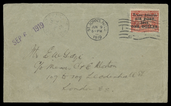 NEWFOUNDLAND -  7 AIRMAIL  1919 (June 9) Envelope with Steer Brothers Importers St. John