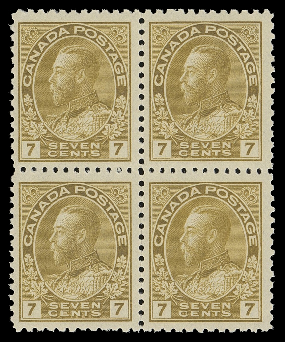 CANADA -  8 KING GEORGE V  113b,An impressive mint block of the distinctive first printing which is remarkably well centered for this, a few perfs separated at top, displaying characteristic deep colour and impression in addition to full immaculate original gum. A challenging multiple to find in such premium quality, VF NH