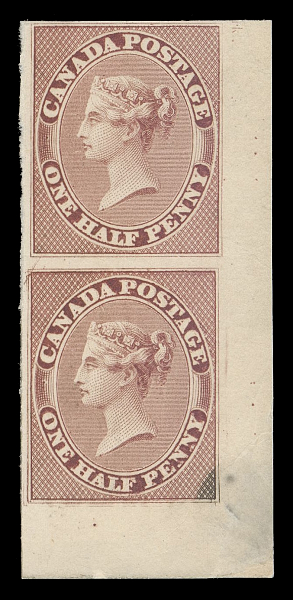 CANADA -  2 PENCE  8P + variety,Plate proof pair from lower right corner margin, on card mounted india paper, lower position proof with Major Re-entry (Position 120) plate variety on with prominent doubling and marks throughout design; negligible stain mostly confined to margin at bottom right, still a neat plate proof pair with the elusive plate variety, VF