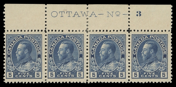 CANADA -  8 KING GEORGE V  111 shade,A scarce mint Plate 3 imprint strip of four, quite well centered and displaying an unusual early shade - a cross between Indigo and dark blue, hinged in margin just touching the extreme top edge (perfs) of centre pair, otherwise full original gum, F-VF (Unitrade cat. $1,410 for normal blue shade stamps)
