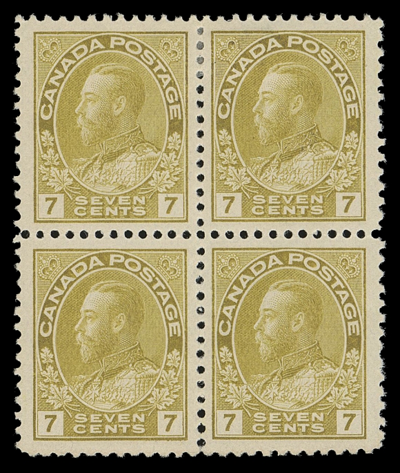 CANADA -  8 KING GEORGE V  113iv,Very well centered mint block of four of this striking shade - often mistaken for the rare Sage Green; displaying remarkably large margins, mint hinged on top pair, leaving bottom pair with full original gum, never hinged. A scarcer shade than catalogue value indicates, VF OG / NH; 2018 Greene Foundation cert.
