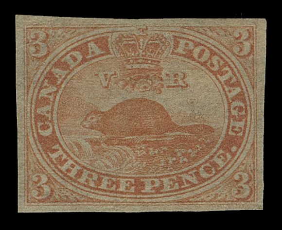 CANADA -  2 PENCE  4d,An impressive mint single displaying the characteristic shade and impression on the unmistakable thin crisp wove paper, surrounded by four full margins and possessing unusually full original gum, negligible gum bend at right. A choice example that really stands out from other printings of this classic stamp, VF LH; 2018 Greene Foundation cert.