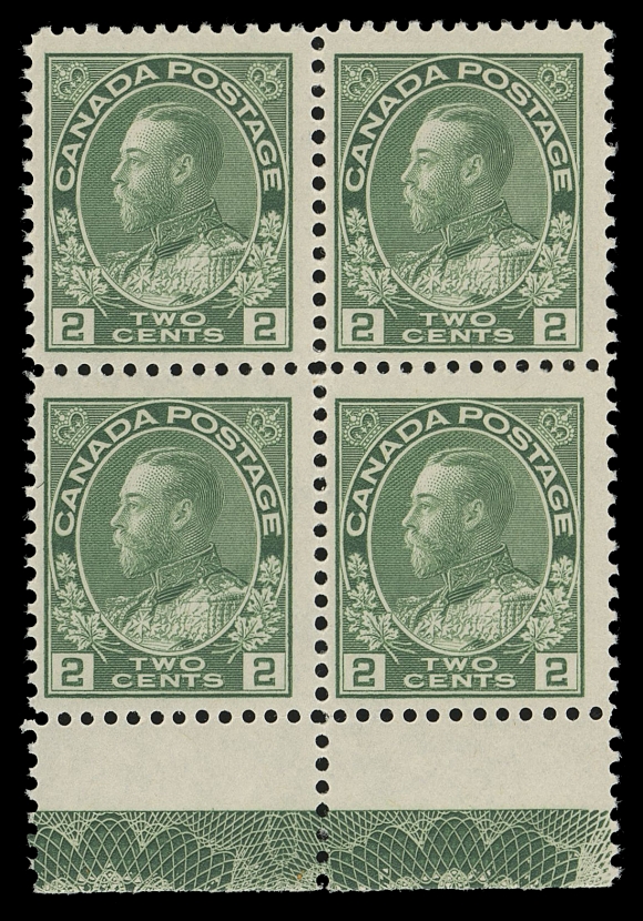 CANADA -  8 KING GEORGE V  107e,A brilliant, post office fresh mint block showing full strength Type D lathework, light hinge at top left, lower pair unit being never hinged. Lathework multiples on the 2 cent dry printing - even singles are rarely seen, F-VF LH / NH (Unitrade 107e cat. as two Fine NH lathework singles)