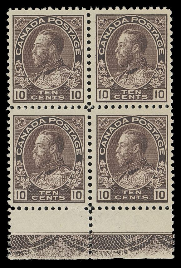 CANADA -  8 KING GEORGE V  116,A marvelous mint block showing nearly complete and strong impression of Type C lathework, nicely centered with radiant colour, slightest trace of hinging on top right stamp leaving the other three and sheet margins NEVER HINGED; light pencil "July 1922" notation entirely confined to ungummed portion of selvedge on reverse. A desirable lathework multiple in noticeably choice quality - in fact, superior to either of those in the Lussey or Marler collections. Ideal for a serious collection, VF VLH / NH

Expertization: 2019 Greene Foundation certificate
