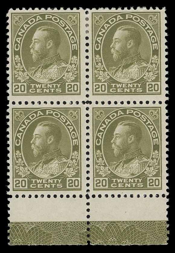 CANADA -  8 KING GEORGE V  119,A nicely centered mint block with bright colour and sharp impression displaying a remarkably complete, full strength Type D lathework, printed on a THINNER WOVE PAPER than normally seen, mild hinge on top pair, leaving lower pair and margins NH, VF (Cat. as two VF NH singles)
