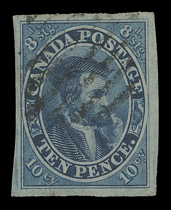CANADA -  2 PENCE  7i,A remarkable used example of this notoriously difficult stamp, surrounded by unusually large to enormous margins and in flawless condition with radiant colour, clear impression and large portion of a Toronto diamond grid cancel. A great stamp for the discriminating collector with physical attributes only found on a very small percentage of existing examples, XFExpertization: 1988 Brandon certificateProvenance: A. Graham Fairbanks, Sissons Sale 259, April 1967; Lot 249                   Sam Nickle, Firby Auctions, October 1988; Lot 357