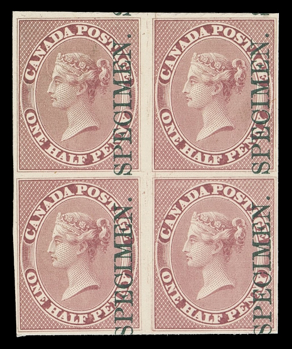 CANADA -  2 PENCE  8Pi + variety,Plate proof block on card mounted india paper with vertical SPECIMEN overprint in dark green on card mounted india paper; showing Major Re-entry (Position 42 in the plate of 120 subjects) on lower right position with visible marks in and around "CANADA", doubling of the frameline at top left & lower left, VF