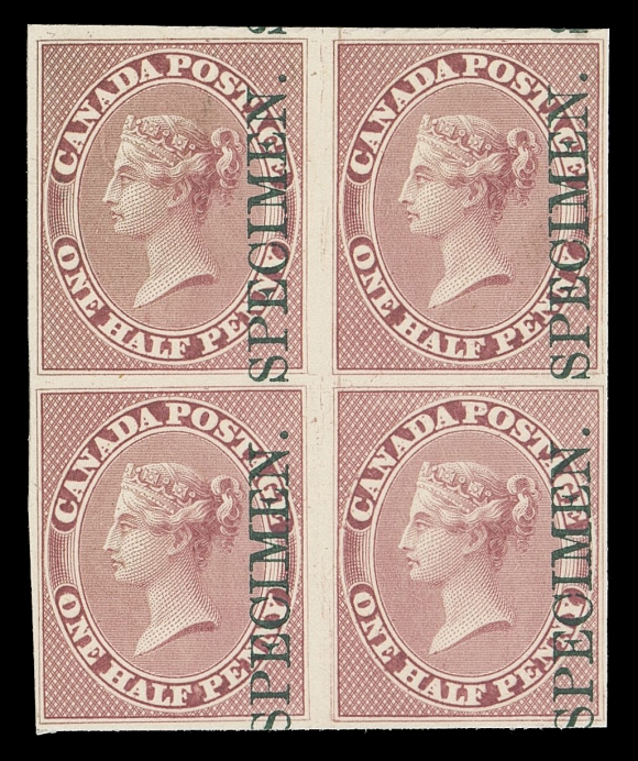 CANADA - 2 PENCE 8Pi + variety,Plate proof block on card mounted india paper with vertical SPECIMEN overprint in dark green on card mounted india paper; showing Major Re-entry (Position 42 in the plate of 120 subjects) on lower right position with visible marks in and around "CANADA", doubling of the frameline at top left & lower left, VF