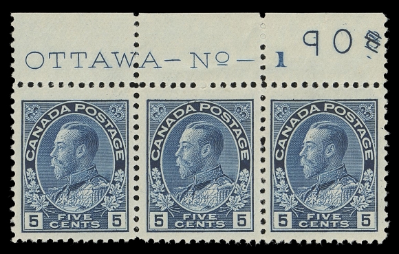 CANADA -  8 KING GEORGE V  111 shade,Impressive mint Plate 1 imprint strip of three showing portion of printing order number "84" etched out by printer (new printing order number was either "104" or "115" which have been documented on 5 cent Plate 1); a most unusual shade that blends elements of the Indigo and greyish blue; stamps are well centered within noticeably large margins, hinged once in margin, right pair with trivial gum disturbance. Quite remarkable strip as most 5 cent Plate 1 examples are usually seen in the scarce Indigo shade, VF (Unitrade 111 shade cat. $1,500 as one stamp NH, two hinged stamps only)