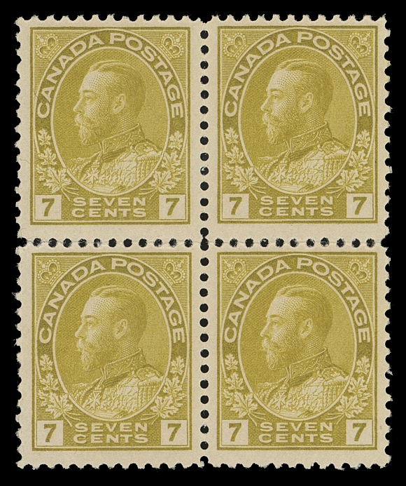 CANADA -  8 KING GEORGE V  113c,An impressive mint block with bright shade, quite well centered; folded horizontally with a few split perforations at left, full immaculate original gum. An attractive multiple of this appealing and very elusive shade, F-VF NH
