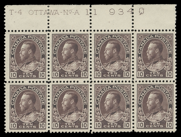CANADA -  8 KING GEORGE V  116,Exceptional mint plate block of eight displaying the complete Plate 11 inscription, rich colour on fresh paper, very well centered with rich colour; top margin has a few negligible perf splits, small edge flaw and hinging in selvedge only, all eight stamps NEVER HINGED. A highly desirable plate block of which very few exist, stamps VF NH (Unitrade cat. $9,600 for stamps alone)