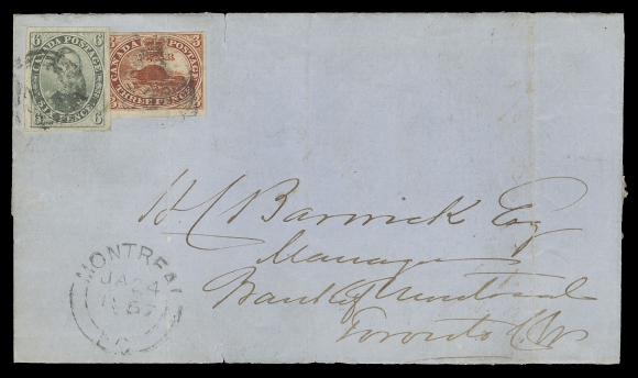 CANADA -  2 PENCE  1857 (January 24) Blue folded cover mailed from Montreal to Toronto at triple letter rate, bearing single 3p deep red and 6p greenish grey on medium wove paper, both with large margins, former with file fold crease and latter with tiny tear at top right (not mentioned in cert.), indistinct cancels, clear Montreal double arc dispatch and Toronto JAN 27 arrival backstamp. Cover with small tear at top and light file folds; a very scarce triple domestic letter rate of which only six such frankings have been reported in Wayne Smith Pence cover census, F-VF (Unitrade 4i, 5b)Expertization: 2008 Greene Foundation certificateProvenance: Alfred F. Lichtenstein, H.R. Harmer, Inc., April 1956; Lot 804