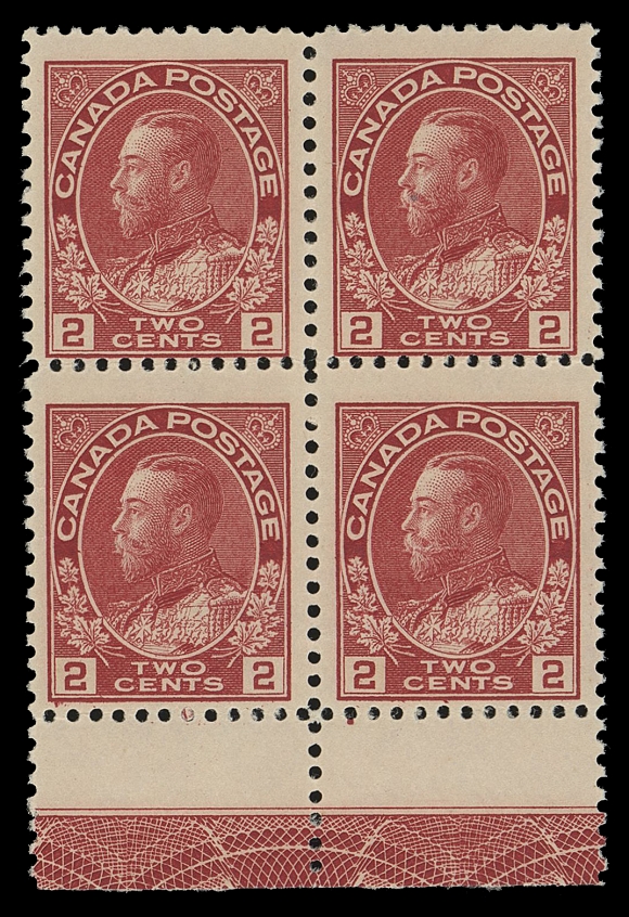 CANADA -  8 KING GEORGE V  106iii,Post office fresh mint block of four, showing remarkably strong and superb Type C INVERTED LATHEWORK - one of the key Admiral lathework pieces and seldom encountered as a block with full original gum, Fine+ NH