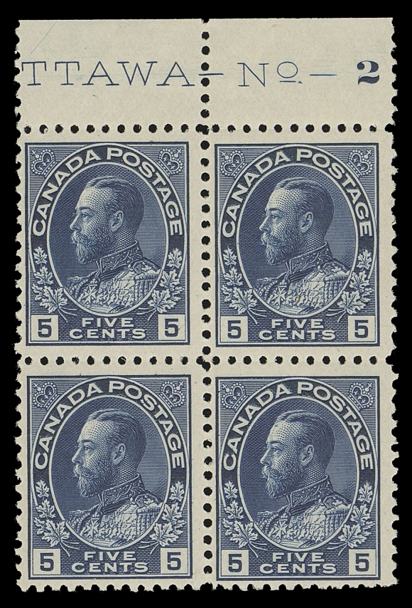 CANADA -  8 KING GEORGE V  111a,An attractive and scarce mint Plate 2 imprint block, the distinctive shade, sharp impression unlike later printings, top pair very lightly hinged, lower pair NH; tiny moisture spot on lower left stamp, Fine+ and very scarce; 2015 RPS of London cert. (Unitrade cat. $1,120 for stamps alone)