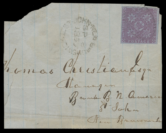 NEW BRUNSWICK  1859 (September 7) Large part cover bearing an unusually select example of the 1sh bright red violet, surrounded by mostly large margins, tied by light centrally struck oval grid 