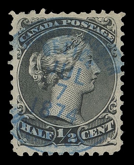 CANADA -  4 LARGE QUEEN  21a,Nicely centered example on medium vertical mesh wove paper, socked-on-nose "... OFFICE JUL 7 1874" oval datestamp in BRIGHT BLUE, unusual, VF