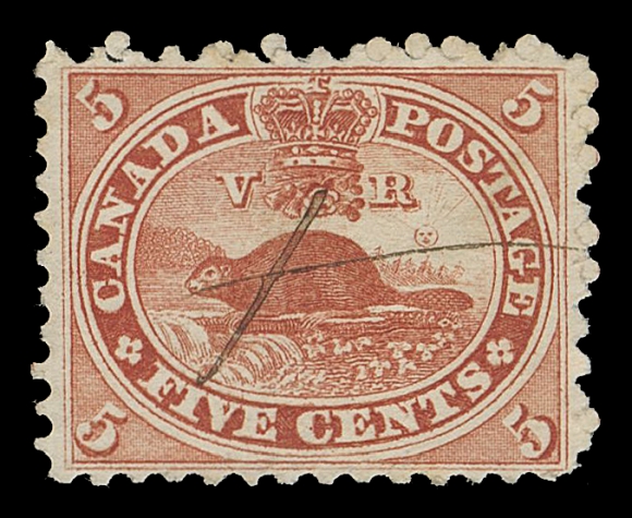 CANADA -  3 CENTS  15variety,Well centered example, rich colour on bright fresh paper, light manuscript cancel, a few uncleared perf discs, showing a rare VERTICAL STITCH WATERMARK, very prominently (visible without help of fluid) and running across the centre of the stamp. While this watermark variety is listed on three values from same series, the stitch watermark variety on the 5 cent stamp is still unlisted in the Unitrade specialized catalogue, VF