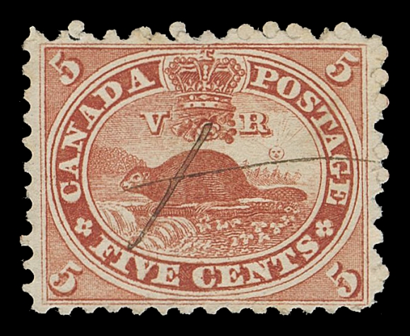 CANADA - 3 CENTS 15variety,Well centered example, rich colour on bright fresh paper, light manuscript cancel, a few uncleared perf discs, showing a rare VERTICAL STITCH WATERMARK, very prominently (visible without help of fluid) and running across the centre of the stamp. While this watermark variety is listed on three values from same series, the stitch watermark variety on the 5 cent stamp is still unlisted in the Unitrade specialized catalogue, VF