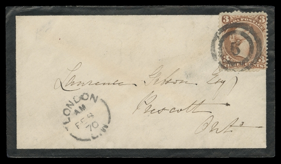 CANADA -  4 LARGE QUEEN  1870 (February 8) Mourning cover in choice condition bearing 3c red tied by well-struck 2-ring 